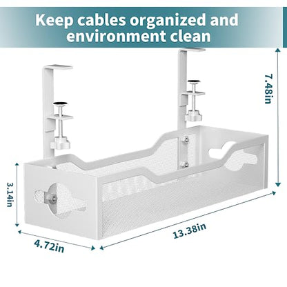 Under Desk Cable Management Tray No Drill, 13.38'' Metal Tray with Clamp for Wire Management, Litwaro Cord Organizer Home Office Damage to Standing Desk, White