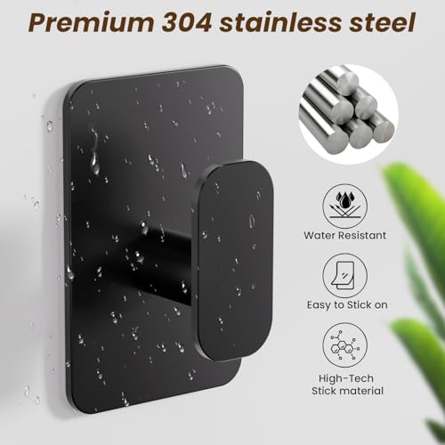 Large Heavy Duty Wall Hooks - 26lb Max, Stainless Steel Adhesive Towel Hooks for Hanging Towel, Coat, Robe, Hat, Sticky Towel Holder for Wall Mount in Bathroom, Shower, Kitchen (Black, 4 Pack)