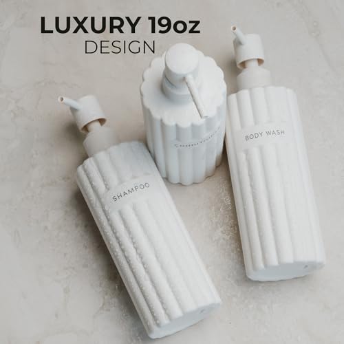 Stylish Shampoo & Conditioner Dispenser Set of 3 - Fluted 19oz Bottles | Modern Shower Soap Bottles - Easy to Refill Body Wash Dispensers for an Instant Bathroom Decor Upgrade