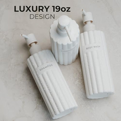 Stylish Shampoo & Conditioner Dispenser Set of 3 - Fluted 19oz Bottles | Modern Shower Soap Bottles - Easy to Refill Body Wash Dispensers for an Instant Bathroom Decor Upgrade
