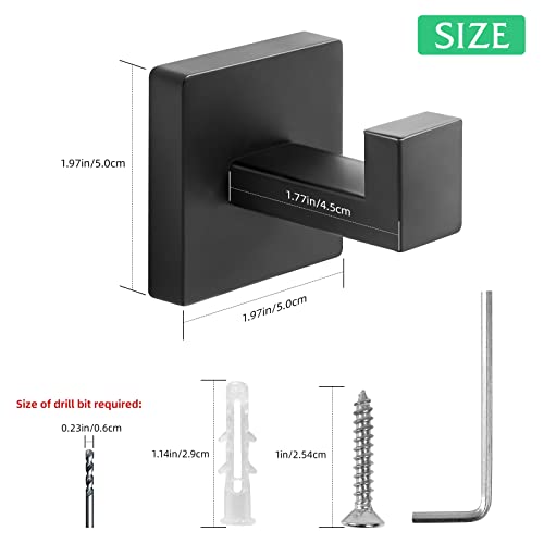 Heavy Duty Stainless Steel Towel Hooks, Wall Mounted Square Robe Hooks for Bathroom, Kitchen, Bedroom, Hotel Matte Black 2 Pack