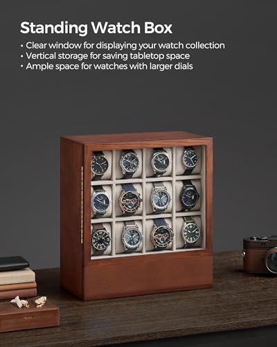 SONGMICS Watch Box 12-Slot Watch Display Case with Window | Solid Wood Veneer, Velvet Lining, Vertical Storage, Space Saving, Gift Idea, Coffee Brown, UJOW014K01