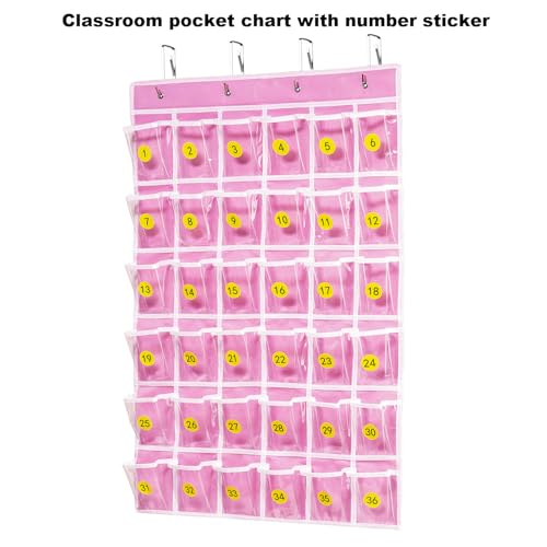 ANSTROUT 36 Clear Pockets Classroom Pocket Chart for Cell Phones, Pocket Chart Organizer for Calculator Holder with 36 Number Sticker Classroom Hanging Cell Phones Organizer (Pink)