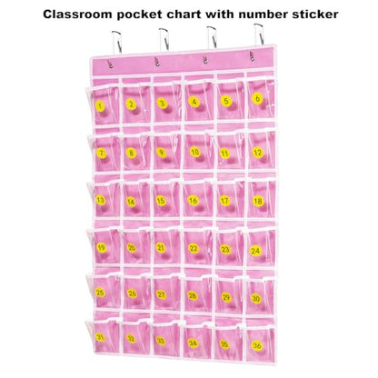 ANSTROUT 36 Clear Pockets Classroom Pocket Chart for Cell Phones, Pocket Chart Organizer for Calculator Holder with 36 Number Sticker Classroom Hanging Cell Phones Organizer (Pink)