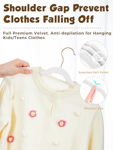 Kids Velvet Hangers 50 Pack, 14 Inch Premium Non Slip Kids Felt Hangers for Closet, Space Saving Toddler Clothes Hanger for Youth's Childrens' Clothes (Rose Gold Hook)- White