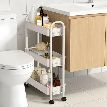 Slim Rolling Cart, Metal Frame Utility Rolling 3-Tier Narrow Storage Cart | Kitchen Storage Organizer, Mobile Shelving Unit for Bathroom Kitchen