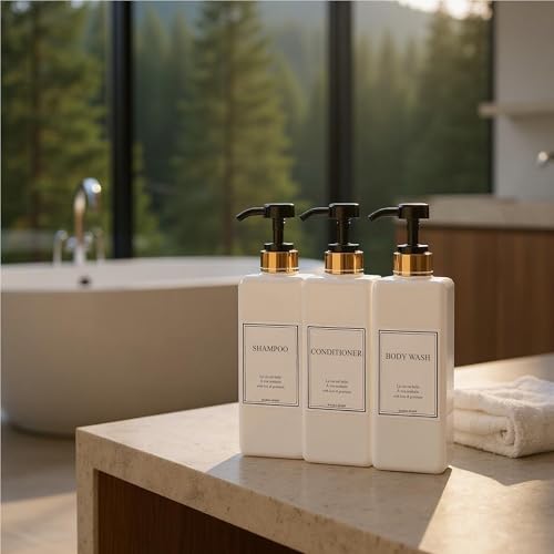 Modern Gold Design Shampoo and Conditioner Dispenser - Large 27oz Shower Soap Dispenser, Set of 3 Refillable Empty Plastic Pump Bottles for Bathroom and Body Wash (6 Waterproof Labels Included), Black