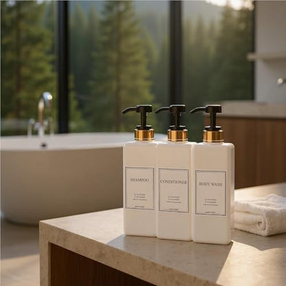 Modern Gold Design Shampoo and Conditioner Dispenser - Large 27oz Shower Soap Dispenser, Set of 3 Refillable Empty Plastic Pump Bottles for Bathroom and Body Wash (6 Waterproof Labels Included), Black