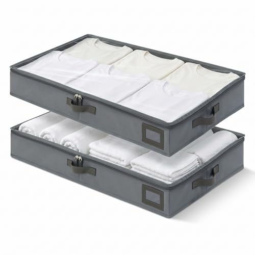 4" Low Profile Under Bed Storage Bins (2-Pack, Grey), Slim 600D Oxford Fabric Clothes Organizer Box with Reinforced Leather Handles, Sturdy Clear Lid