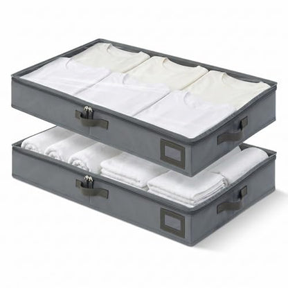 4" Low Profile Under Bed Storage Bins (2-Pack, Grey), Slim 600D Oxford Fabric Clothes Organizer Box with Reinforced Leather Handles, Sturdy Clear Lid