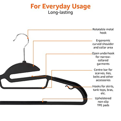 Amazon Basics Non-slip Heavy Duty Space Saving Plastic Hangers with Rubber and Horizontal Bar, Lightweight, Gray, Pack of 50