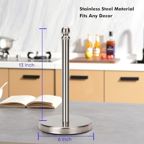 Paper Towel Holder Countertop, Standing Paper Towel Roll Holder for Kitchen Bathroom, with Weighted Base for One-Handed Operation (Brushed Nickel)
