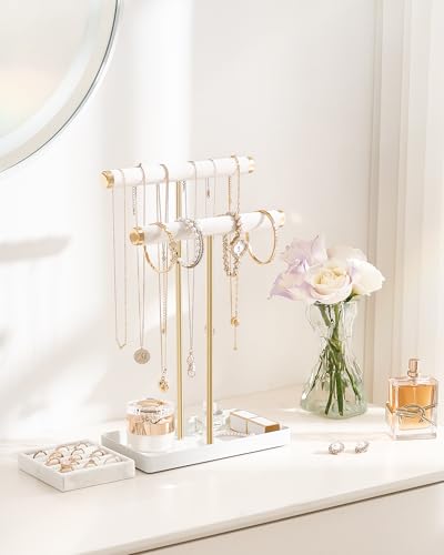 Lolalet 2-Tier Necklace Holder Display, Jewelry Stand with Ring Tray -White | Velvet Wrapped Jewelry Organizer, Tall Bracelet Stand for Bangles Watches Earrings, Gifts for Mom Girls Women Mother's Day
