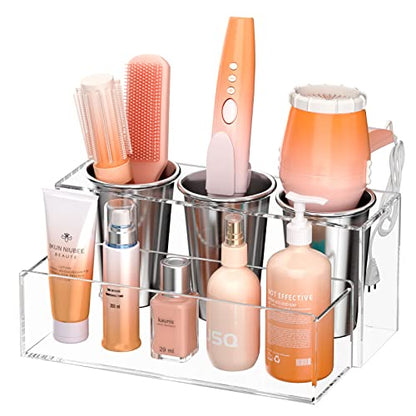 NIUBEE Acrylic Hair Tool Organizer,Hair Blow Dryer Holder with 3 Cups,Clear | Acrylic Hot Tools Organizer,Hair Organizer Storage Countertop,Blow Dryer Holder for Curling Iron,Brush, Straightener,Bathroom