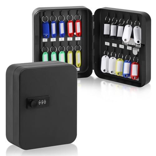 KYODOLED 20 Key Storage Lock Box with Code, Key Cabinet Organizer Wall Mount with Combination Lock, Hooks & Labels for Home, Office & Rental Properties, 7.87 x 6.3 x 3.14 in, Black