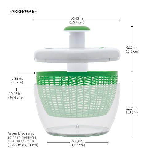 Farberware Easy to use pro Pump Spinner with Bowl, Colander and Built in draining System for Fresh, Crisp, Clean Salad and Produce, 6.6 quart, Green