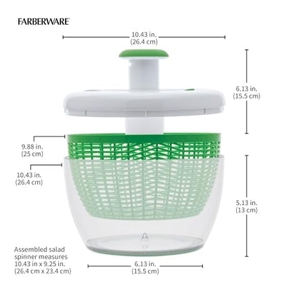 Farberware Easy to use pro Pump Spinner with Bowl, Colander and Built in draining System for Fresh, Crisp, Clean Salad and Produce, 6.6 quart, Green