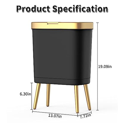 Procade Office Trash Can with Lid, Black Bathroom Trash Can with Gold Edge, Modern Narrow Garbage Can with Legs, Slim Plastic Trash Bin for Bedroom, Living Room,Kitchen,Toilet, 4 Gallon