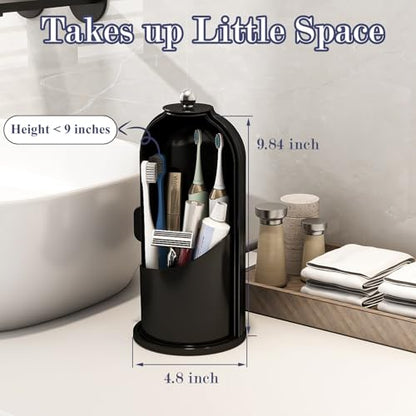 Toothbrush and Toothpaste Holders with Cover, Solid Black | Waterproof and Dustproof, 360° Rotating Base, Smooth Sliding Door, 3 Slots, for Bathroom Countertop