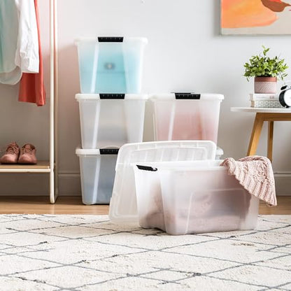 IRIS USA 6-Pack 40 Quart Storage Bins with Lids, Pearl | Conceals contents for a clean look. Perfect for moving, blankets, clothing, and garage storage. Nestable design saves space
