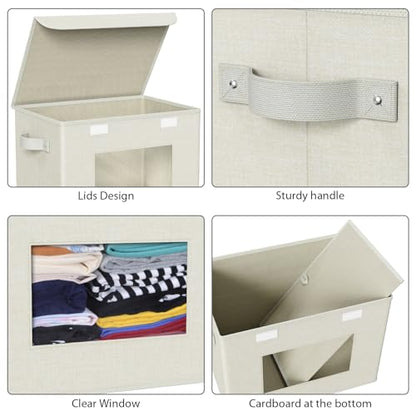 Univivi Fabric Storage Bins with Lids for Clothes 4 Pack, Grey | 17 x 12 x 12 In Foldable Storage Boxes with Handles, Clear Window, Closet Organizers for Home, Bedroom