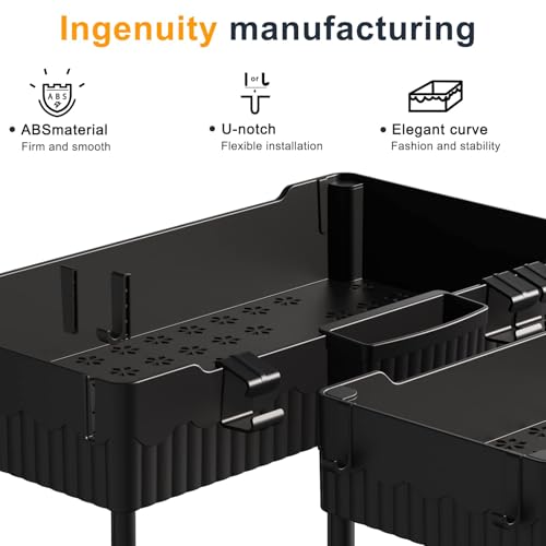 2-Pack Under Sink Organizer with Hooks & Hanging Cup for Kitchen | Multi-use kitchen & bathroom storage, 12.8 inch black cabinet organizer, with hooks and hanging cup for easy access.