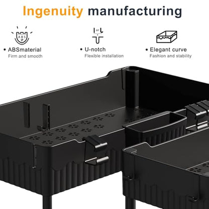 2-Pack Under Sink Organizer with Hooks & Hanging Cup for Kitchen | Multi-use kitchen & bathroom storage, 12.8 inch black cabinet organizer, with hooks and hanging cup for easy access.