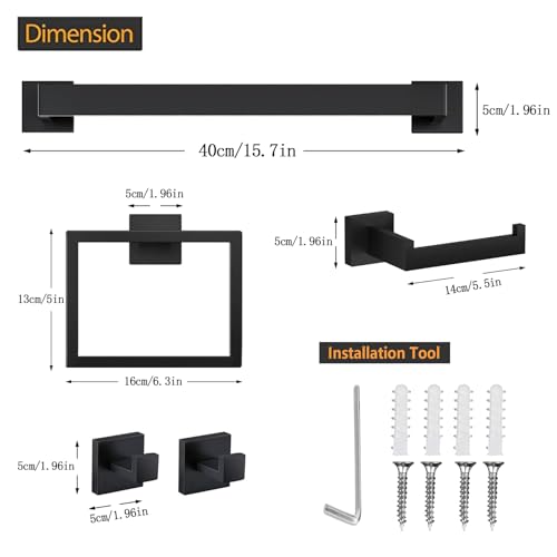JOPOFI 5 Piece Towel Bar Set - 15.7Inch Bathroom Towel Holder - Matte Black | Stainless Steel Towel Racks for Bathroom Wall Mounted, Towel Rod for Bathroom Wall