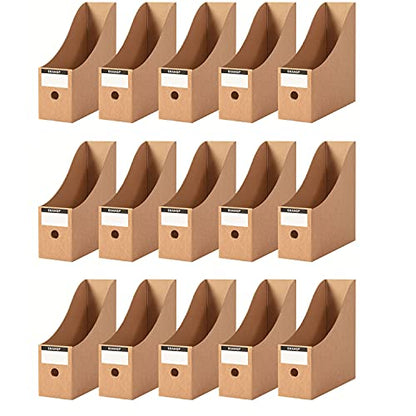 Foldable Desk File Holder Organizer Sturdy Cardboard Magazine Storage Box Document Rack with Blank Label Stickers for Home School Office (15, Brown)