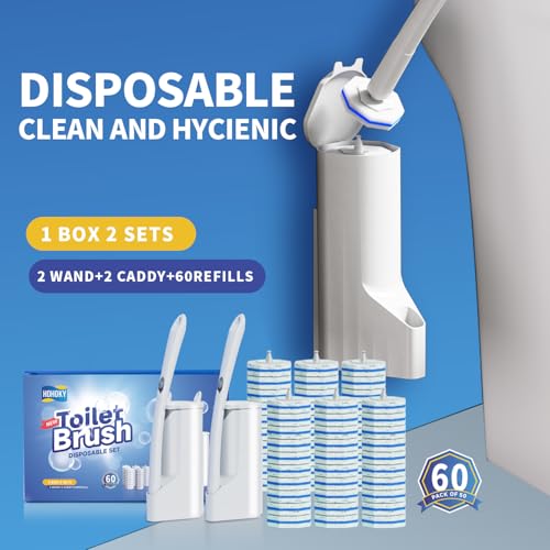 Disposable Toilet Brush Cleaning System, Two Sets of Wands and 60p Refills Pads Replacement Heads, Wall Mounted Toliet Stick Starter Kit Bathroom Maintenance, Toilet Bowl Cleaner Holder