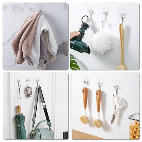 Large Adhesive Hooks, 12-Pack Sticky Hangers for Hanging Heavy Duty, Transparent Waterproof Oil-Proof and Rustproof, Towel and Coats Hooks for Bathroom,Kitchen Home and Office