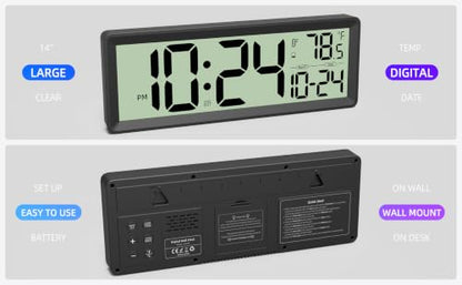 14” Large Digital Wall Clock Battery-Operated with Temperature, Date, DST | Big Digital Clock for kitchen, farmhouse, bedroom, bathroom, classroom, office, living room - Modern, Silent, Easy-to-Read