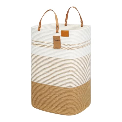 Large Laundry Hamper – 75L Tall Woven Cotton Storage Basket with Leather Handles, Slim Dirty Clothes Hamper, Decorative Storage Basket for Blanket,Toys White & Jute