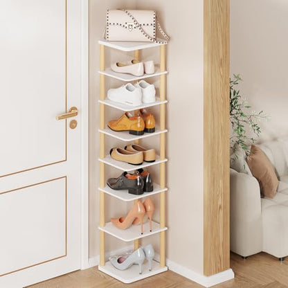 8 Tiers Vertical Shoe Rack, Tall Narrow Shoe Tower, Corner Shoe Rack, White | Small Shoe Organizer for Entryway, Closet, Dorm & Small Spaces, Freestanding Wooden Shoe Shelf for Boots, Sneakers, Heels.