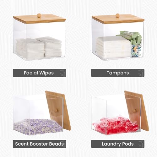 Puricon Acrylic Disposable Facial Towels Holder, Clear Storage Bin with Wood Lid Compatible with Clean Skin Club Towel (NOT Included), Face Towelettes Container for Bathroom Counter -Original