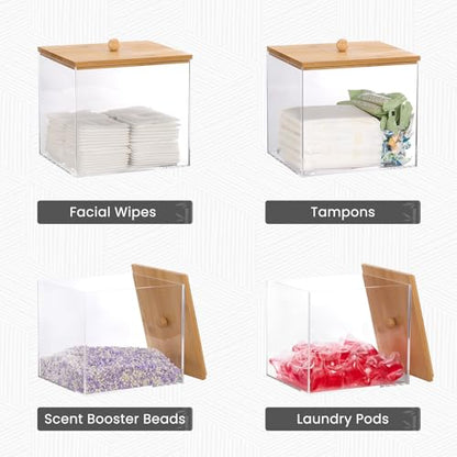 Puricon Acrylic Disposable Facial Towels Holder, Clear Storage Bin with Wood Lid Compatible with Clean Skin Club Towel (NOT Included), Face Towelettes Container for Bathroom Counter -Original