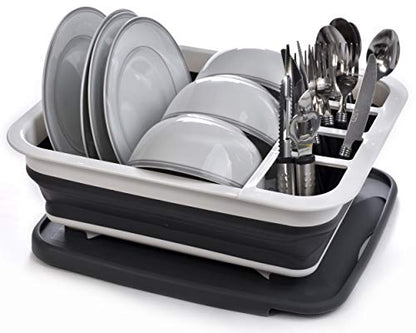Masirs Pop-Up Collapsible Dish Drying Rack: Convenient Storage, Drains into Sink, Eight Large Plate Capacity, Sectional Cutlery and Utensil Compartment. Compact and Portable Design.