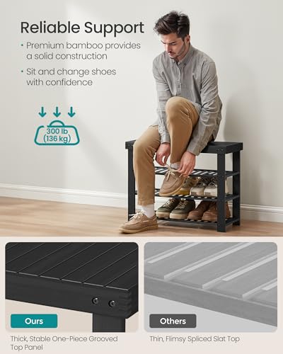SONGMICS Shoe Rack Bench, 4 Tier Bamboo Shoe Storage Organizer, Entryway Bench, for Living Room, Bathroom, Bedroom, 11.3 x 27.6 x 20.5 Inches, Ink Black ULBS370BH01
