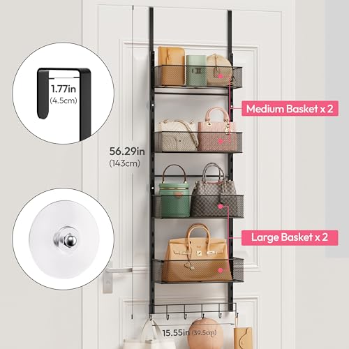 Over the Door Purse Organizer - Wall Mounted Purse Rack with 4 Adjustable Metal Basket and 6 Hooks, Hanging Bag Rack for Handbag Organizer, Bag Storage Can Use As 1/2 Part, for Door