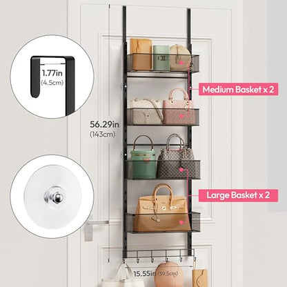 Over the Door Purse Organizer - Wall Mounted Purse Rack with 4 Adjustable Metal Basket and 6 Hooks, Hanging Bag Rack for Handbag Organizer, Bag Storage Can Use As 1/2 Part, for Door