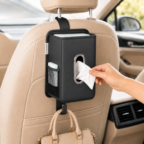 Witaxima Multifunction Leather Car Tissue Holder with Headrest Hook 1 Pack | Car Small Trash Can & Seat Back Organizer PU Leather kleenex holder for 120-150 Tissues Keep Car Tidy, Black