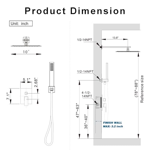 10" Rain Gold Shower System with Handheld & Valve, Brushed Gold | Wall-Mounted High-Pressure Shower Faucet Combo Set, 10-Inch Rain Shower Head with Handheld Spray,Includes Valve and Trim Kit