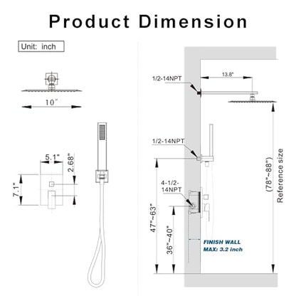 10" Rain Gold Shower System with Handheld & Valve, Brushed Gold | Wall-Mounted High-Pressure Shower Faucet Combo Set, 10-Inch Rain Shower Head with Handheld Spray,Includes Valve and Trim Kit