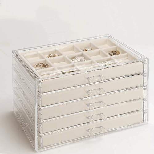 GUOER Earring Organizer 5 Drawers Acrylic Jewelry Box for Women, Warm White | Clear Earring Holder Organizer Box, Stud Earring Ring Display Storage Case Large, Adjustable Velvet Trays Girls Gifts