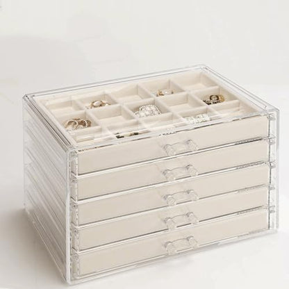 GUOER Earring Organizer 5 Drawers Acrylic Jewelry Box for Women, Warm White | Clear Earring Holder Organizer Box, Stud Earring Ring Display Storage Case Large, Adjustable Velvet Trays Girls Gifts