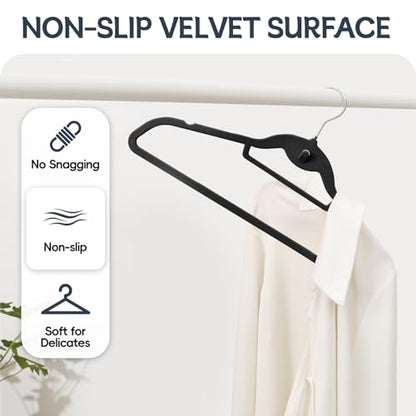 Velvet Stackable Hangers 50 Pack Space Saving Cascading Hook Black | Ultra Thin, Non Slip Felt, Heavy Duty With 360° Swivel Hook, Shoulder Notches, for Suit Shirt Pant Dress Coat