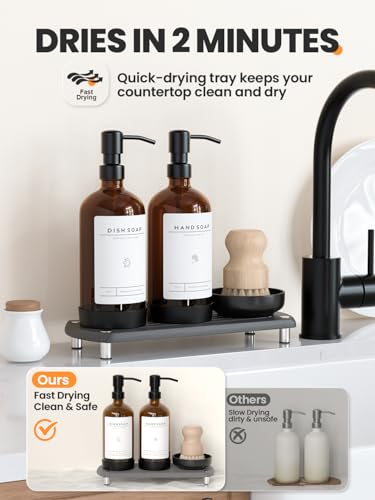 [Luxury] Kitchen Soap Dispenser Set - 16OZ Amber Glass Bottle, Stainless Steel Pump, Instant Dry Tray, Waterproof Labels, Non-Slip Silicone Pad, and Dish Brush | Upgrade for Your Kitchen and Bathroom