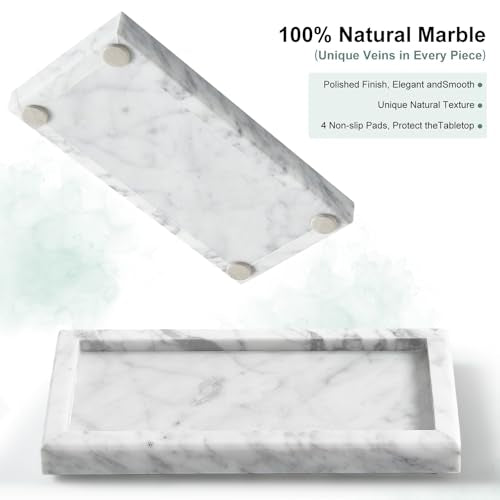 Natural Small Marble Vanity Tray, Stone Organizer for Bathroom & Kitchen | Real stone tray, unique veining. Non-resin, non-ceramic. Holds soap, jewelry, perfume. Non-slip felt. Polished.