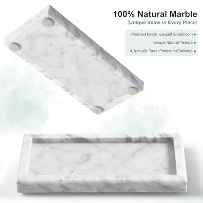 Natural Small Marble Vanity Tray, Stone Organizer for Bathroom & Kitchen | Real stone tray, unique veining. Non-resin, non-ceramic. Holds soap, jewelry, perfume. Non-slip felt. Polished.