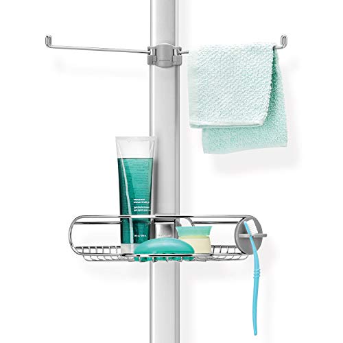simplehuman Tension Pole Shower Caddy, No-Drill Floor to Ceiling Bathroom Organizer for Bathtub & Inside Shower, Extends 6 to 9 Feet, 3 Adjustable Shelves, Rust-Proof Stainless Steel